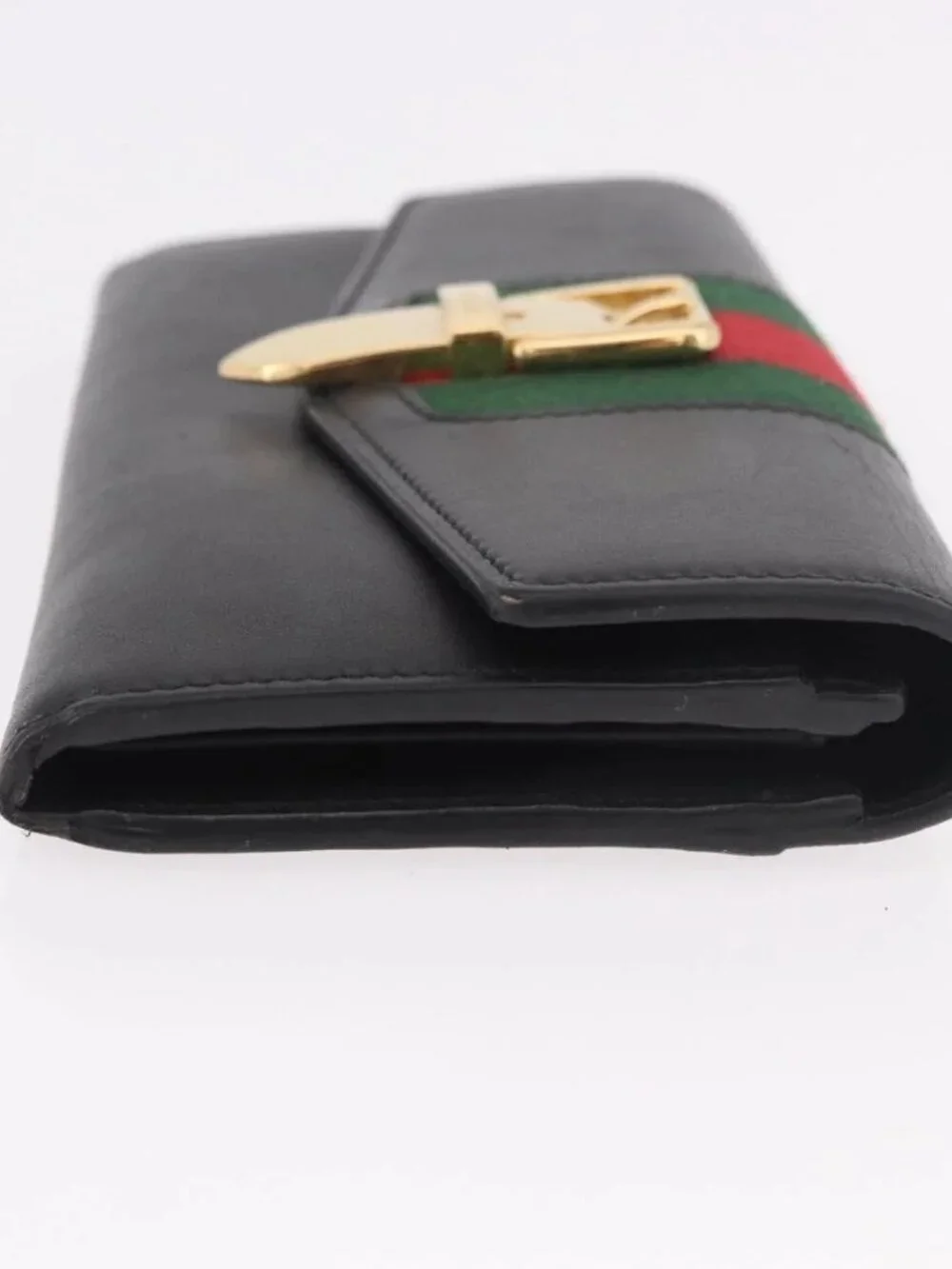 GUCCI Silvi Web Sherry Line Long Wallet Leather Black Red 476084 Auth am11867V